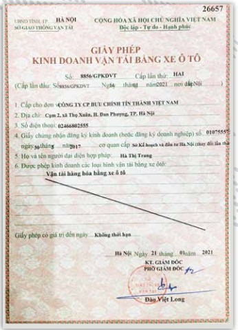 GPKD vận tải bằng lái ô tô - Chuyển Phát Nhanh Tín Thành - Công Ty Cổ Phần Bưu Chính Tín Thành Việt Nam
